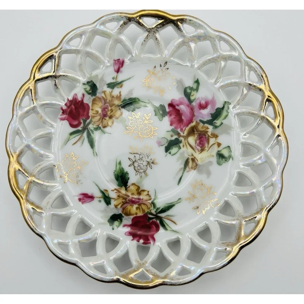 Vintage Reticulated Lace Edge Floral Porcelain Saucer Gold Trim Tea Party Plate